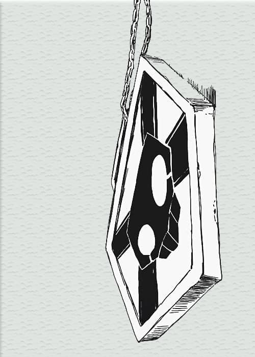 Pentagon-shaped shinigami badge hanging from a chain, drawn in black ink on pale grey