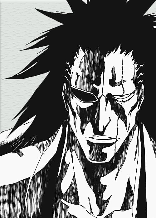 Scarred, spiky-haired swordsman with an eyepatch in black and white manga ink
