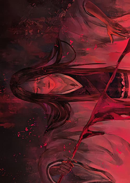 Painted portrait of a woman with long dark hair holding a sword, in deep reds