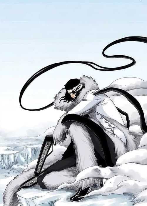 Figure in a white fur cloak with long black ribbons, sitting in the snow