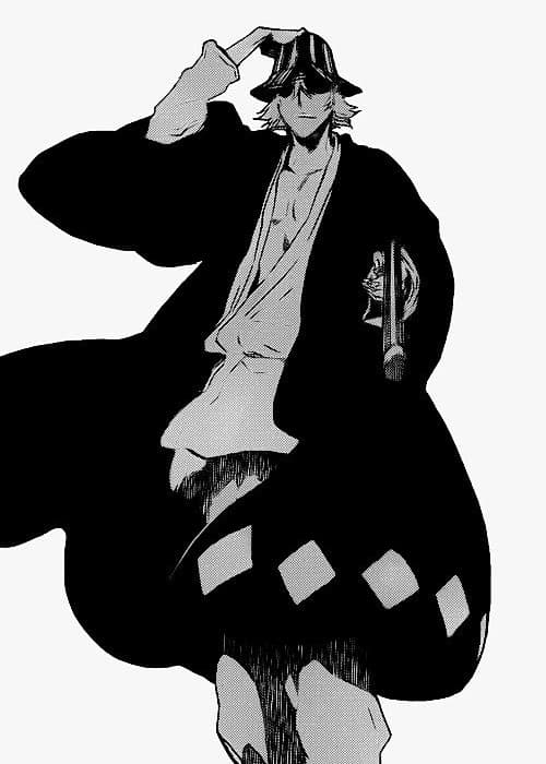 Man in a striped bucket hat and long black haori, in black and white manga ink