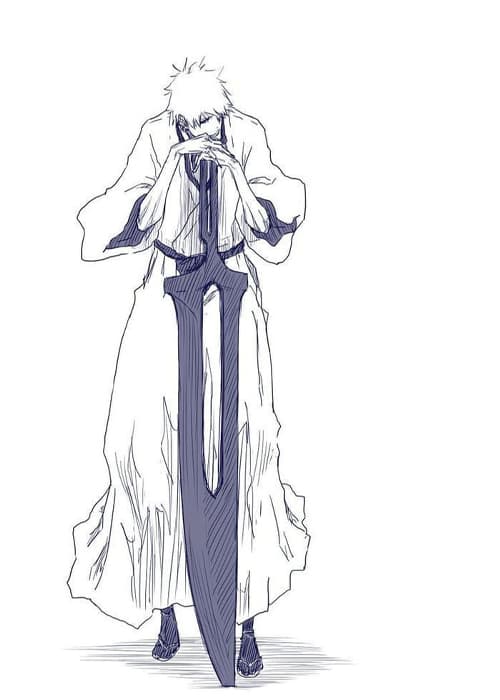 Pencil sketch of a spiky-haired swordsman resting his hands on a huge black blade