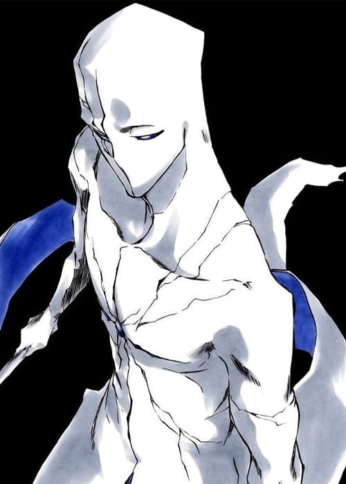 Smooth white humanoid figure with a slit eye and a blue sash on a black background