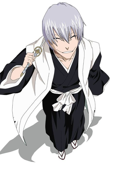 Silver-haired captain in a white haori, smiling with closed eyes and holding a sword hilt