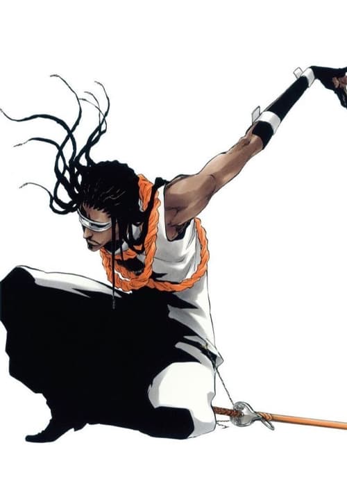 Swordsman with dreadlocks, a visor and an orange rope scarf in a mid-air pose