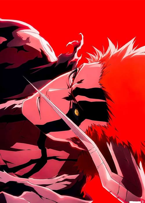 Orange-haired fighter with black facial markings and a horn against a bright red background