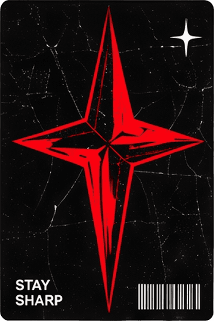 Sharp red four-pointed star on black with the words "Stay sharp" and a barcode
