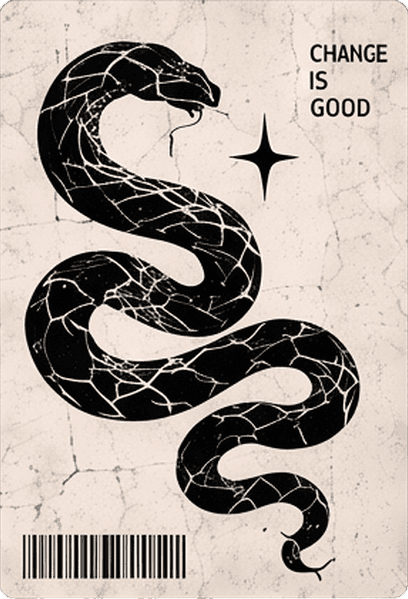 Black-and-white patterned snake coiled on cream, with "Change is good", a star and a barcode