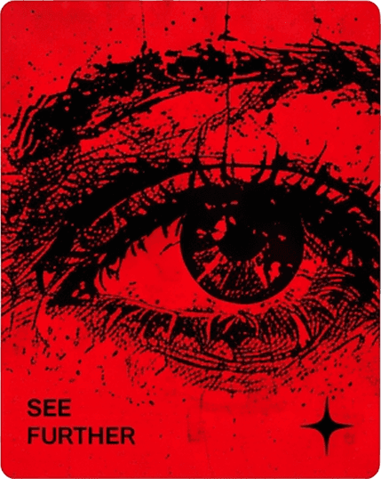 Close-up of an eye printed in red and black, with the words "See further" and a star
