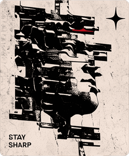 Glitched, sliced profile of a face in black and white on cream with the words "Stay sharp" and a star