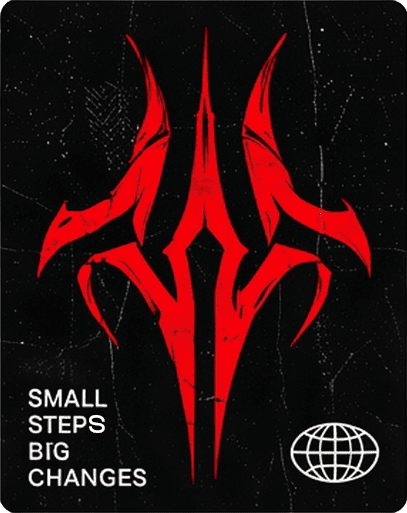 Red tribal emblem on black with "Small steps big changes" and a globe