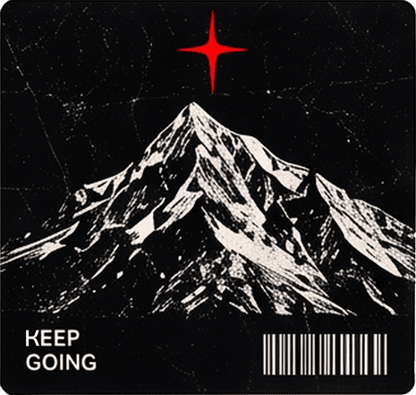 Black-and-white mountain peak under a red star with "Keep going" and a barcode