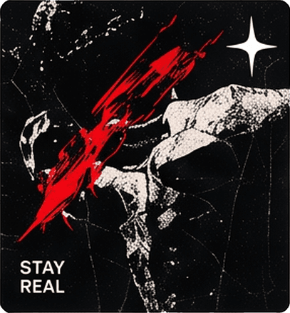 Classical statue fragment slashed with a red brush stroke on black, with "Stay real" and a star