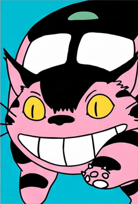 Grinning striped cat bus with yellow eyes on a turquoise background