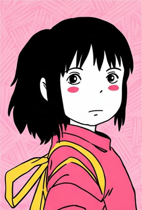 Girl with a dark bob haircut in a pink shirt with a yellow bow on a pink background