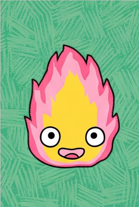 Small flame spirit with big eyes, in pink and yellow fire, on a green crosshatched background