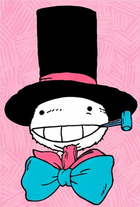 Smiling round-headed character in a black top hat and blue bow tie on a pink background