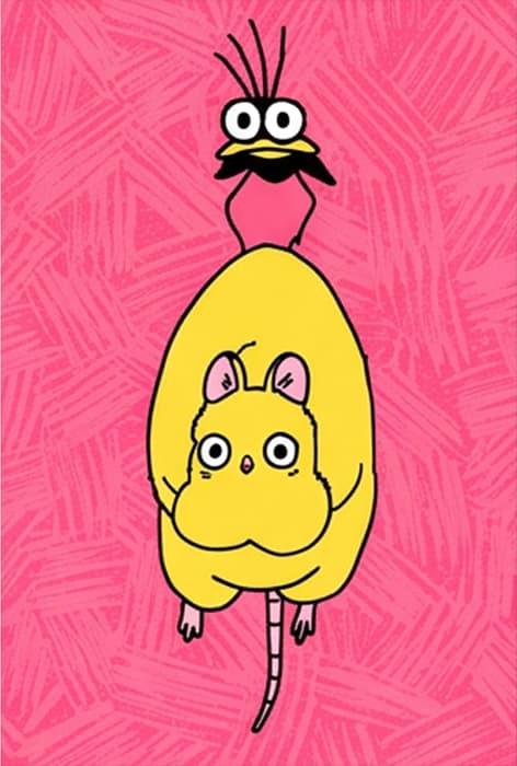 Yellow mouse with a small black bird perched on its head on a pink background