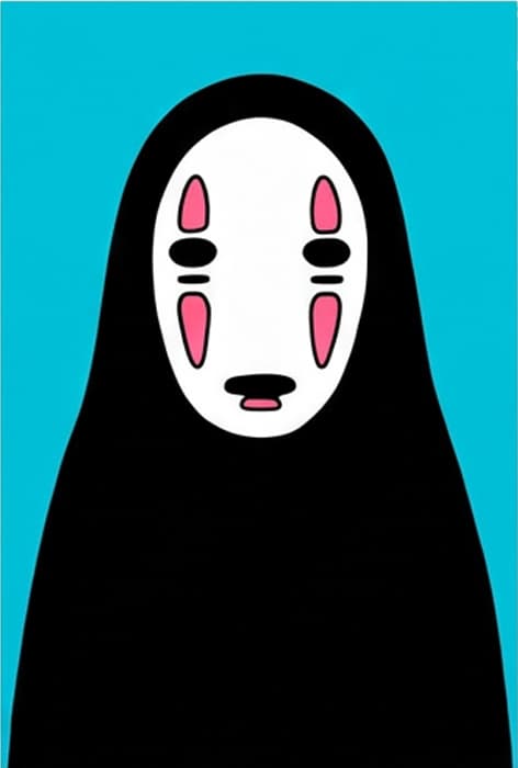 Masked black spirit with a white face and pink markings on a turquoise background