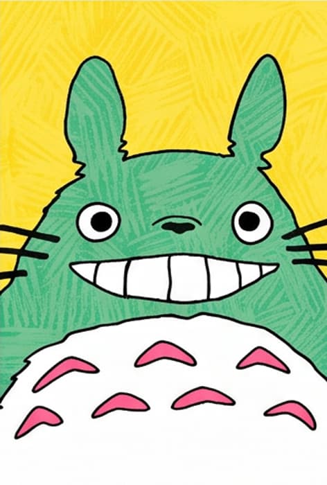 Large grey forest spirit with a wide toothy grin on a green crosshatched background
