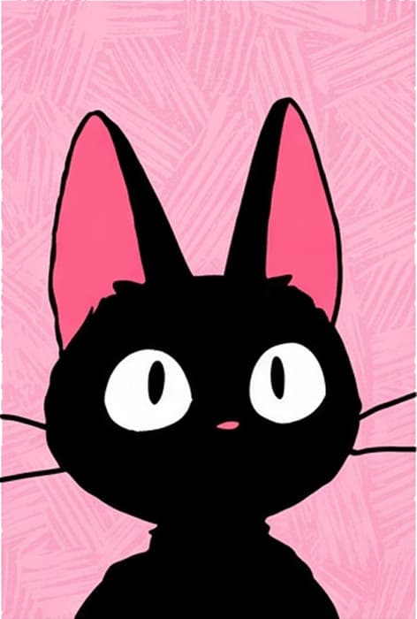 Black cat with large white eyes and tall ears on a pink background