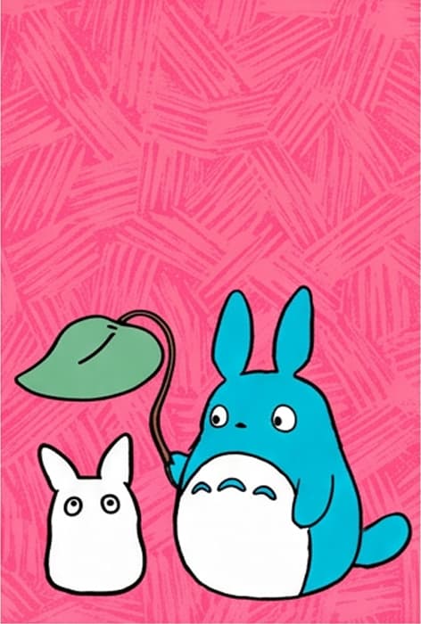 Small white and blue forest spirits holding a leaf on a pink crosshatched background