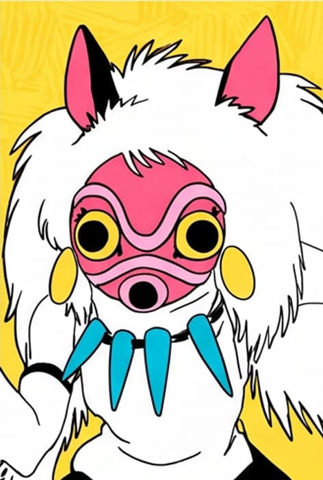 Girl in a red tribal mask and white fur cloak on a yellow background