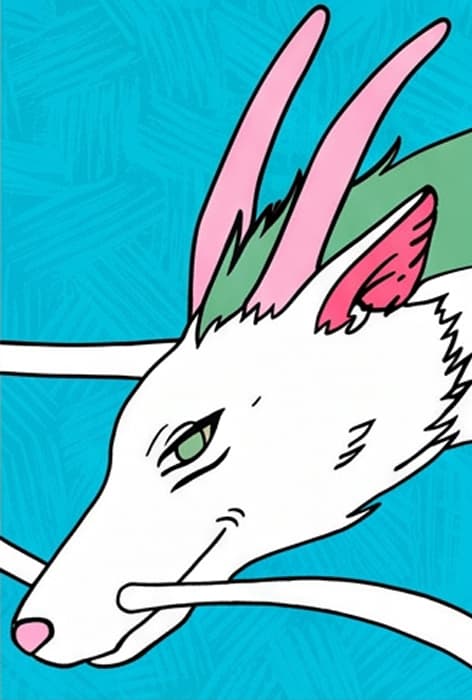 White dragon with a green mane and turquoise eyes on a turquoise background