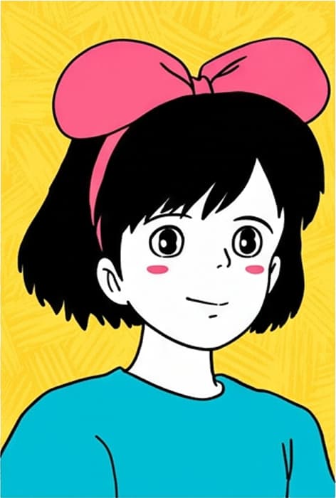 Girl with a dark bob and a large pink bow on a yellow background